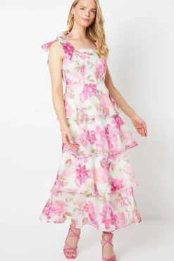 Blurred Floral Tie Shoulder Organza Tiered Midi Dress