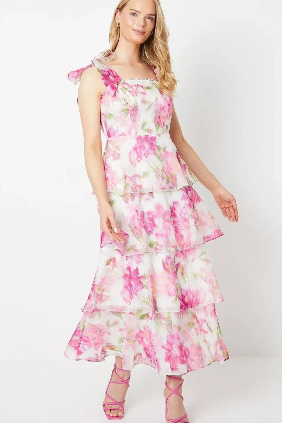 Blurred Floral Tie Shoulder Organza Tiered Midi Dress