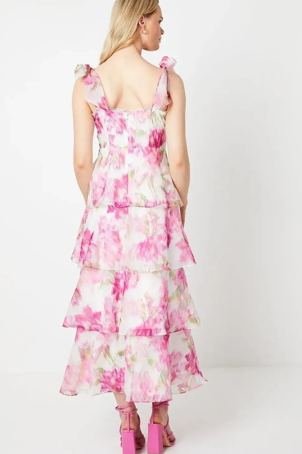 Blurred Floral Tie Shoulder Organza Tiered Midi Dress