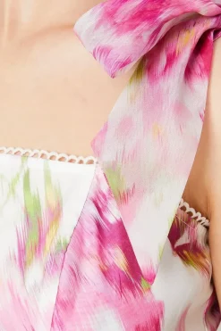 Blurred Floral Tie Shoulder Organza Tiered Midi Dress