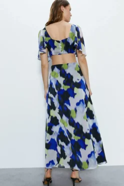 Blurred Print Cut Away Midi Dress