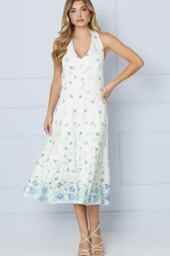 Blush Floral Halter Scuba Trim Insert Midi Dress