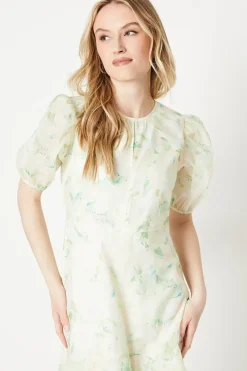 Blush Floral Organza Puff Sleeve Midi Dress