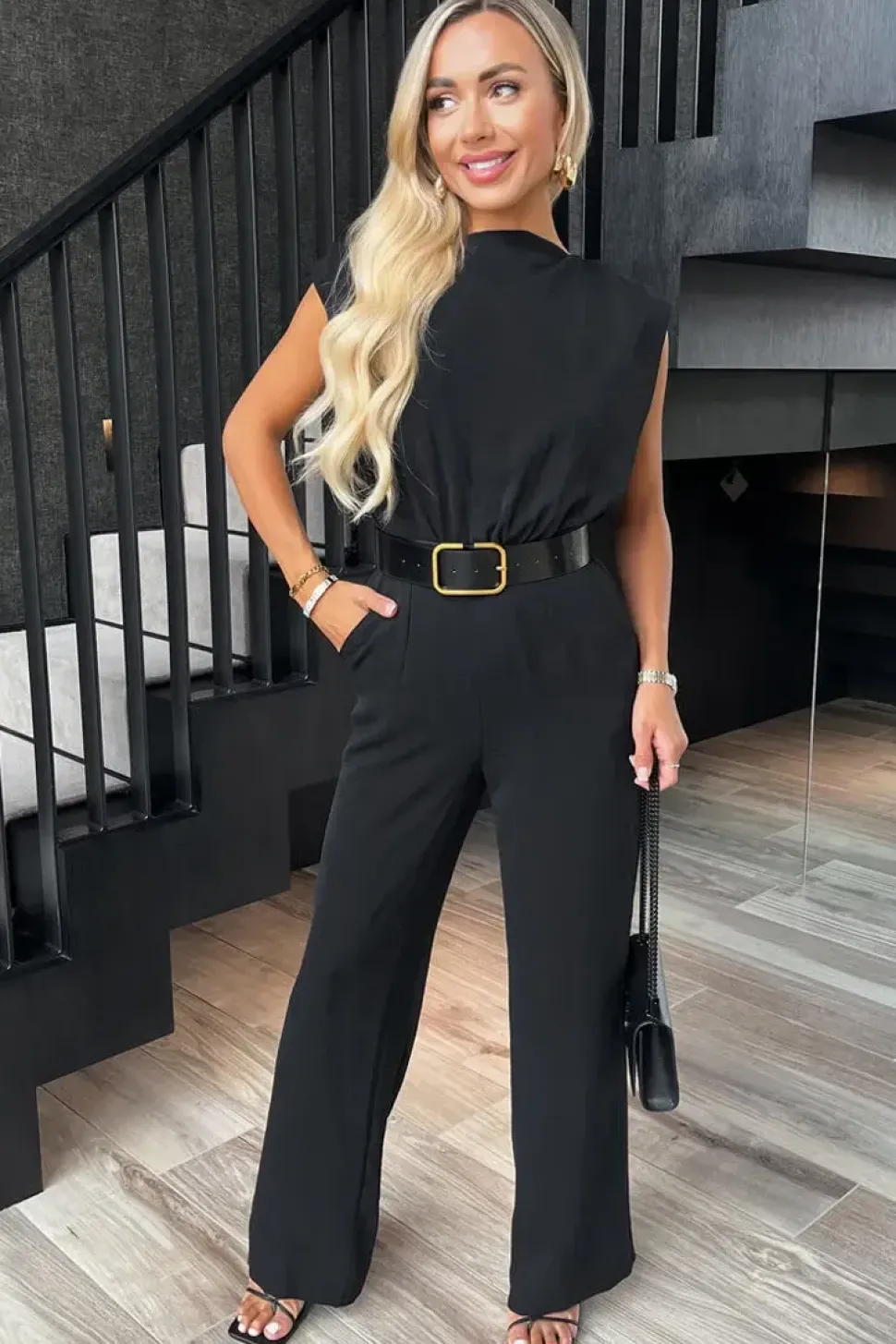 Boat Neck Belted Wide Leg Jumpsuit