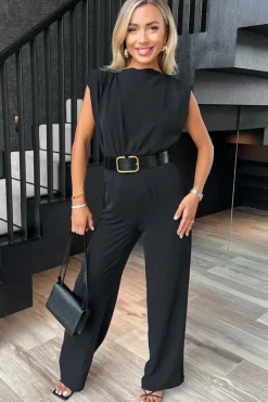 Boat Neck Belted Wide Leg Jumpsuit