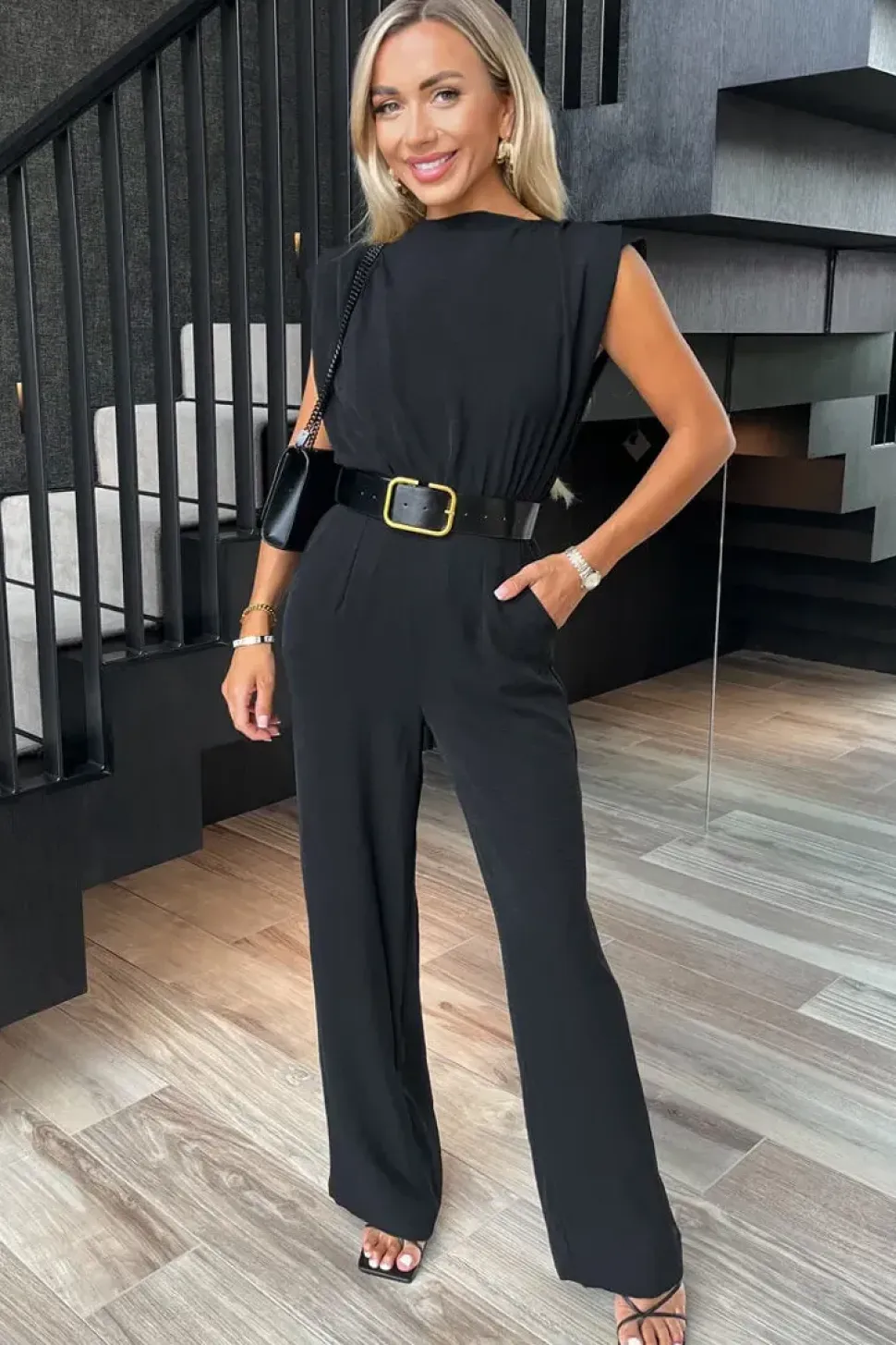 Boat Neck Belted Wide Leg Jumpsuit