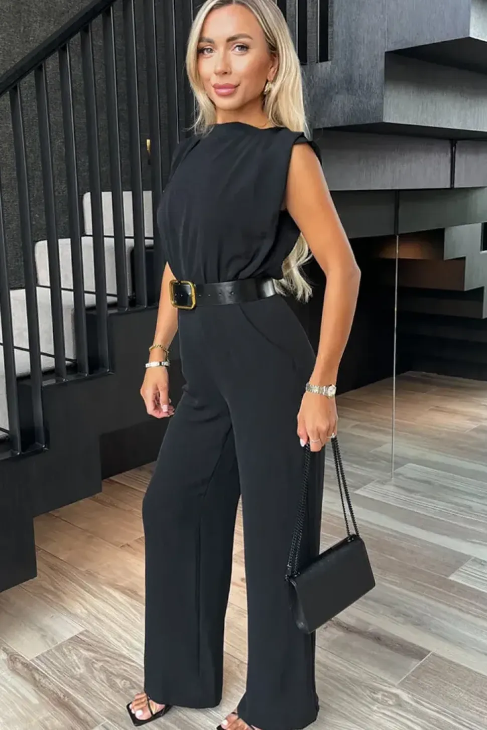 Boat Neck Belted Wide Leg Jumpsuit