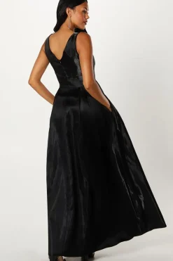 Boat Neck Full Skirted Twill Maxi Dress