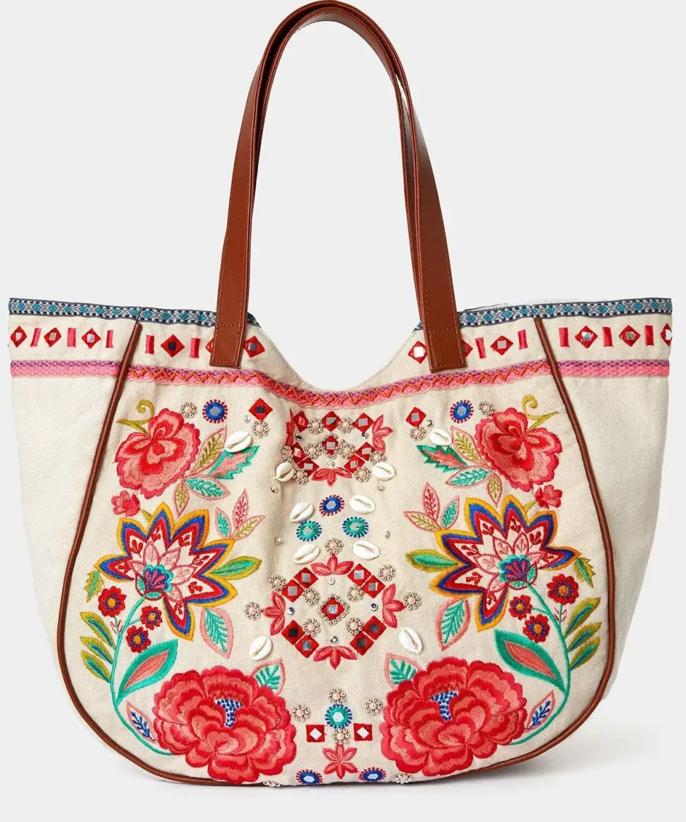 Boho Embroidered Canvas Tote Bag