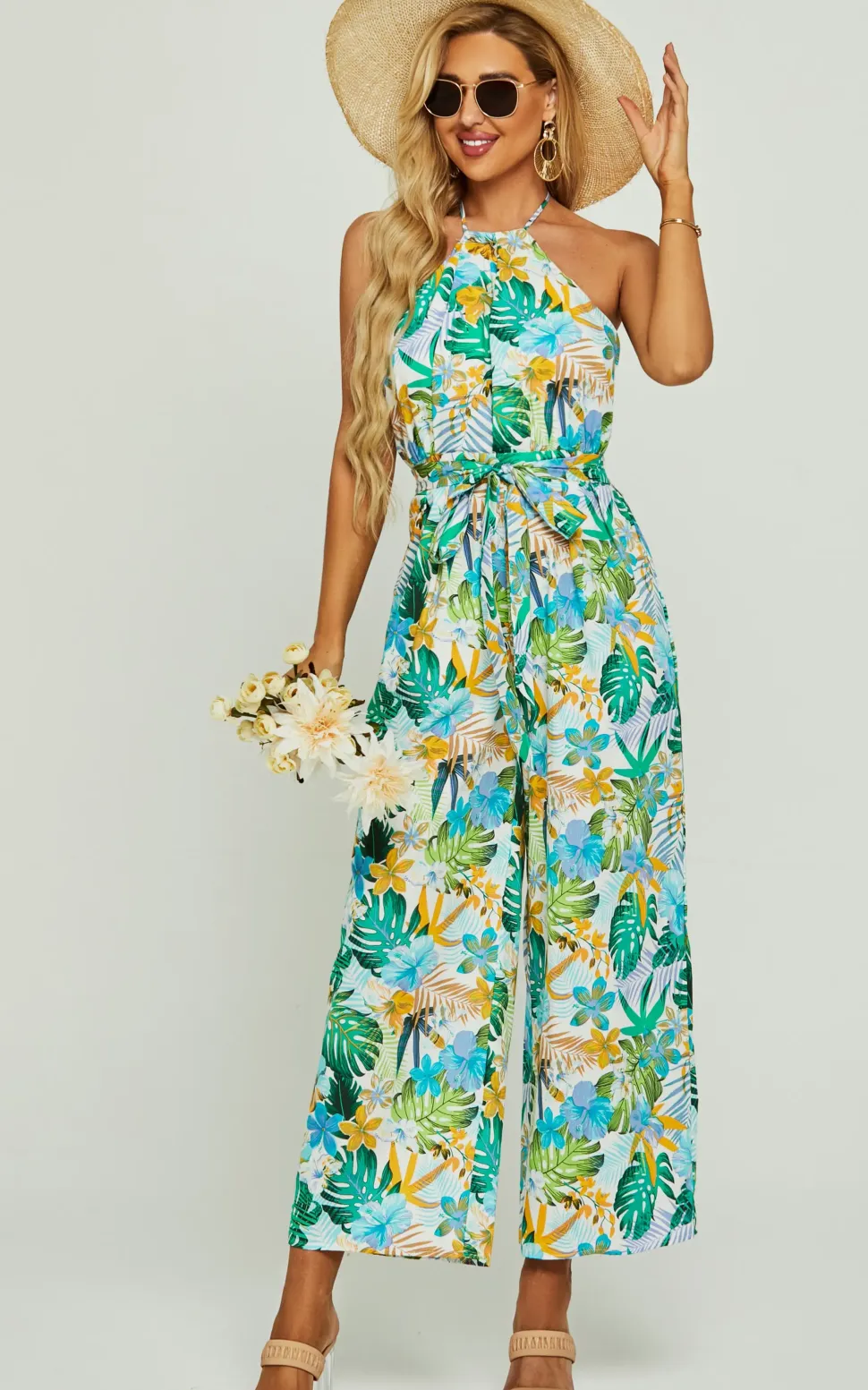 Boho Flora Print Halter Neck Jumpsuit In Green