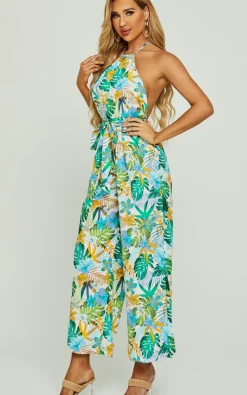 Boho Flora Print Halter Neck Jumpsuit In Green