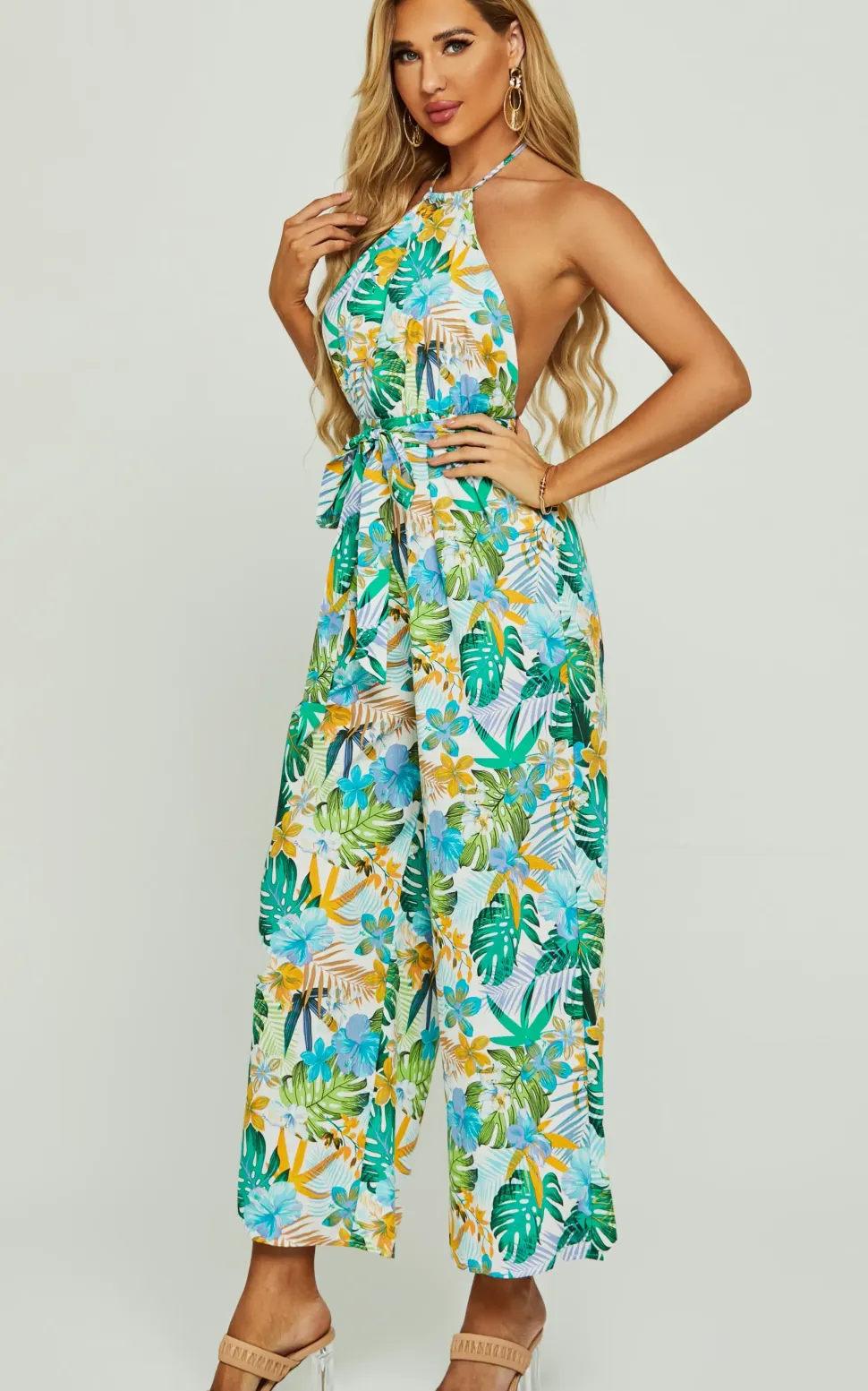 Boho Flora Print Halter Neck Jumpsuit In Green
