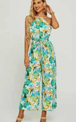 Boho Flora Print Halter Neck Jumpsuit In Green