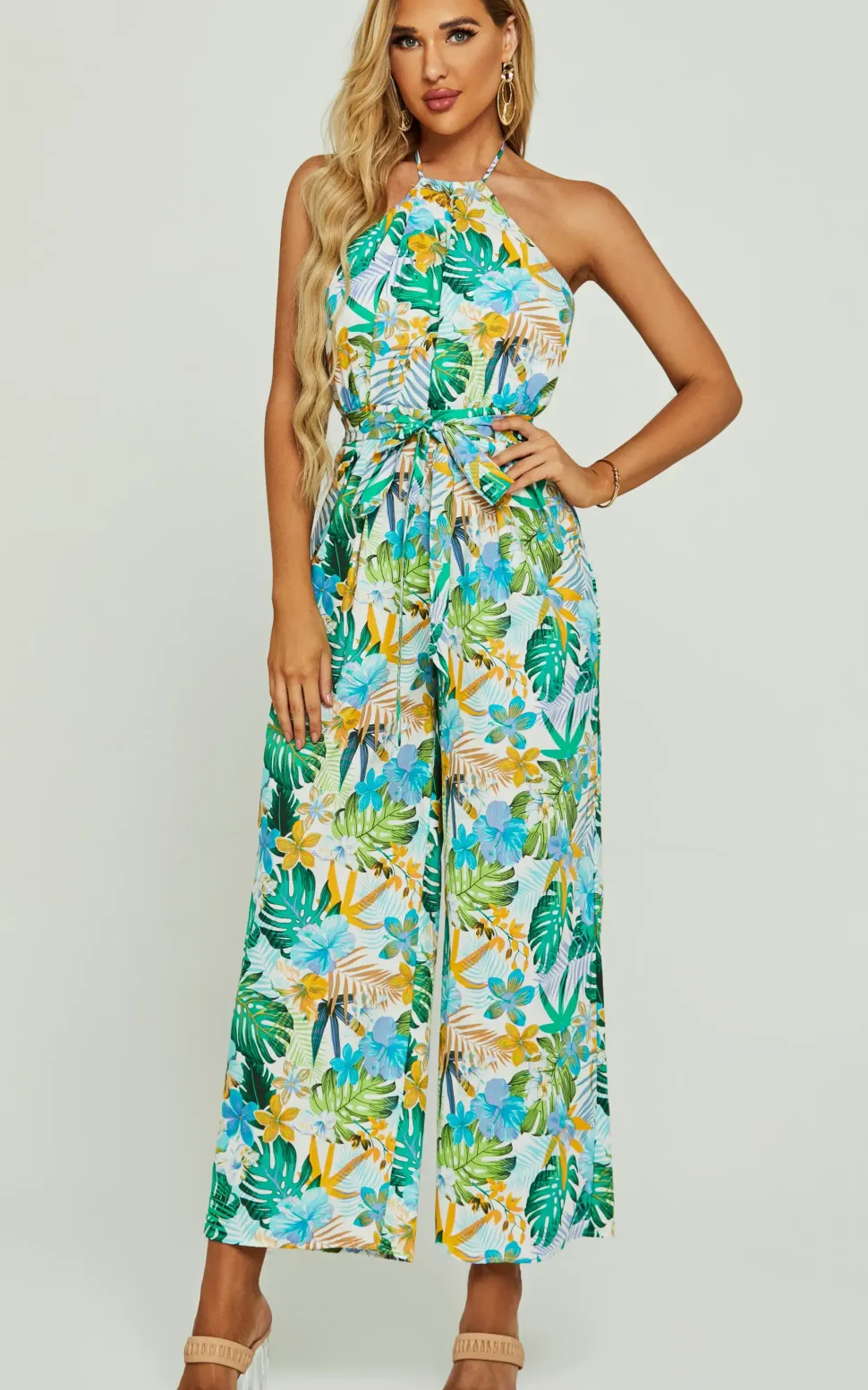 Boho Flora Print Halter Neck Jumpsuit In Green
