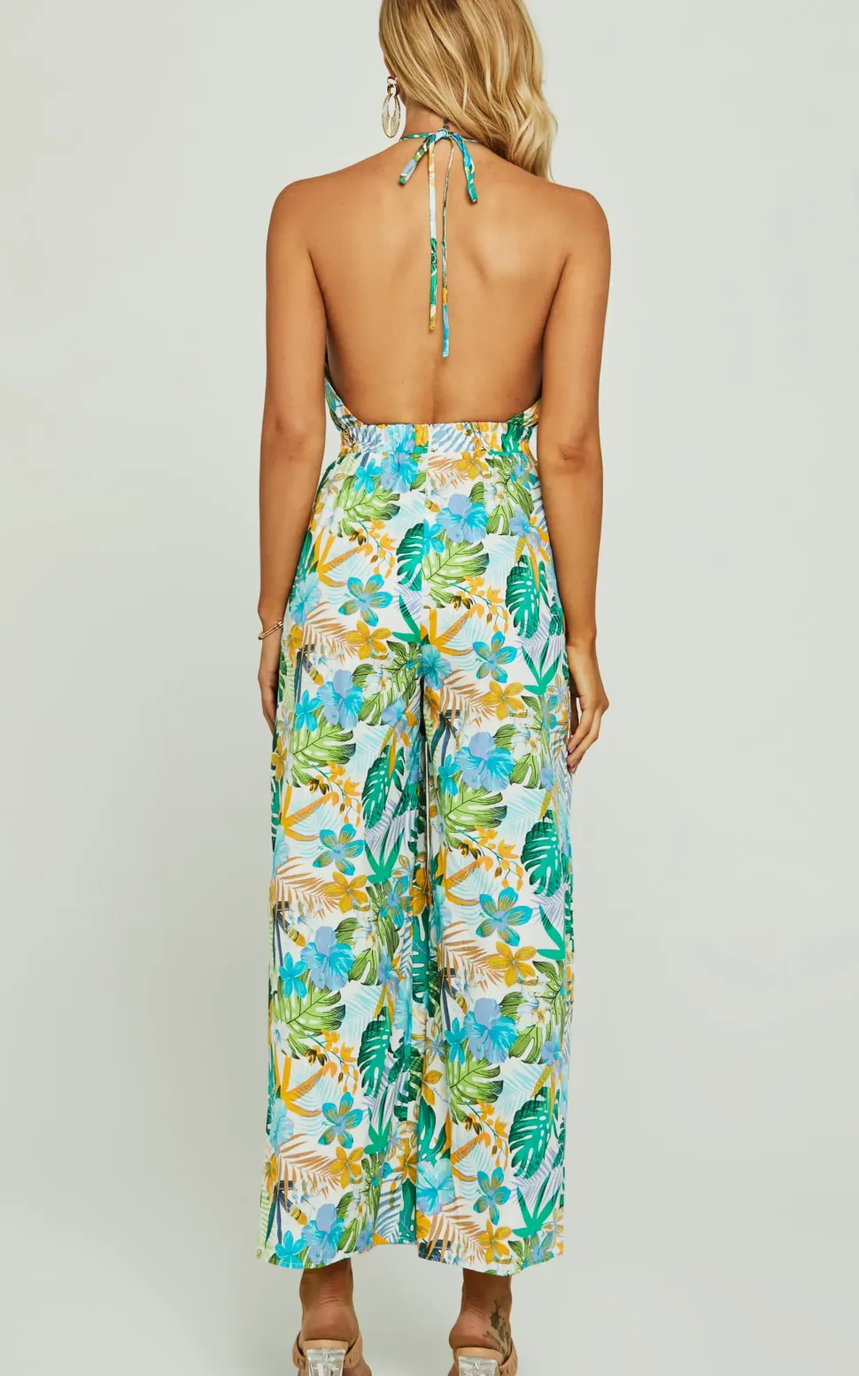 Boho Flora Print Halter Neck Jumpsuit In Green