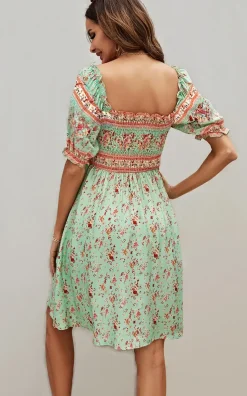Boho Mini Dress With Pink Floral Print In Mint Green