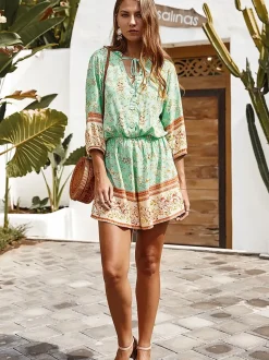 Boho Playsuit With Buttons In Mint Green & Chocolate Floral Print