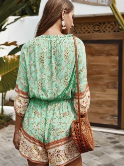 Boho Playsuit With Buttons In Mint Green & Chocolate Floral Print