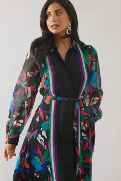 Border Print Belted Shirt Midi Dress