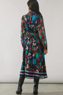 Border Print Belted Shirt Midi Dress