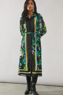 Border Print Belted Shirt Midi Dress