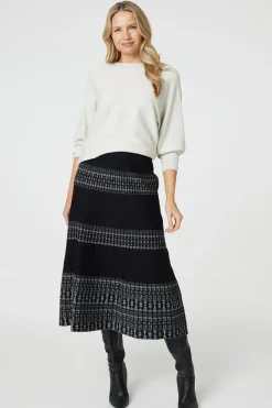 Border Print Knit High Waist Midi Skirt