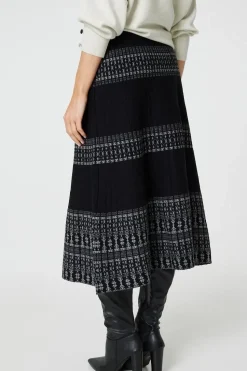 Border Print Knit High Waist Midi Skirt