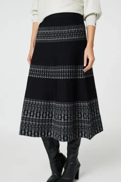 Border Print Knit High Waist Midi Skirt