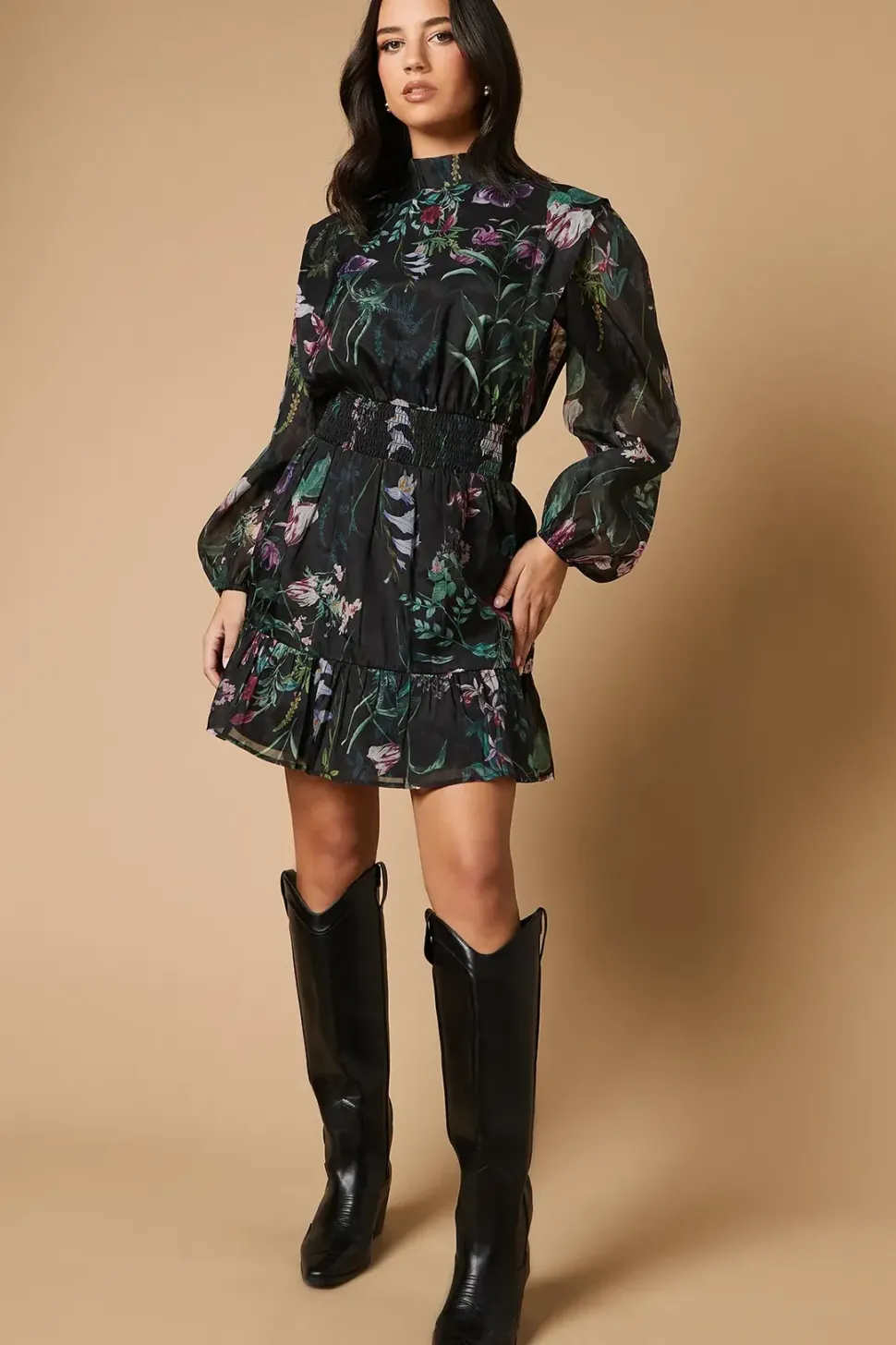 Border Print Organza Shirred Waist Tie Back Mini Dress
