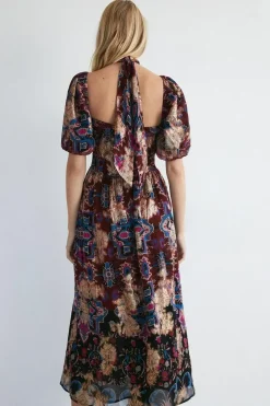 Border Print Twist Neck Halter Midi Dress