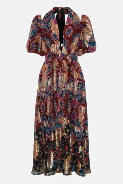 Border Print Twist Neck Halter Midi Dress