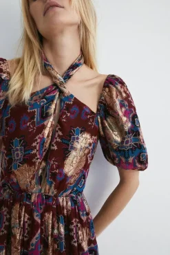 Border Print Twist Neck Halter Midi Dress