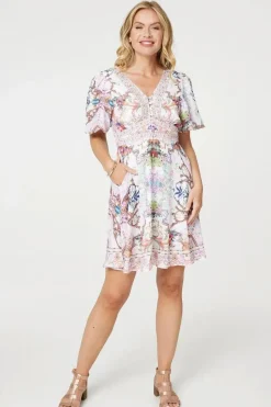 Border Print V-Neck Empire Mini Dress