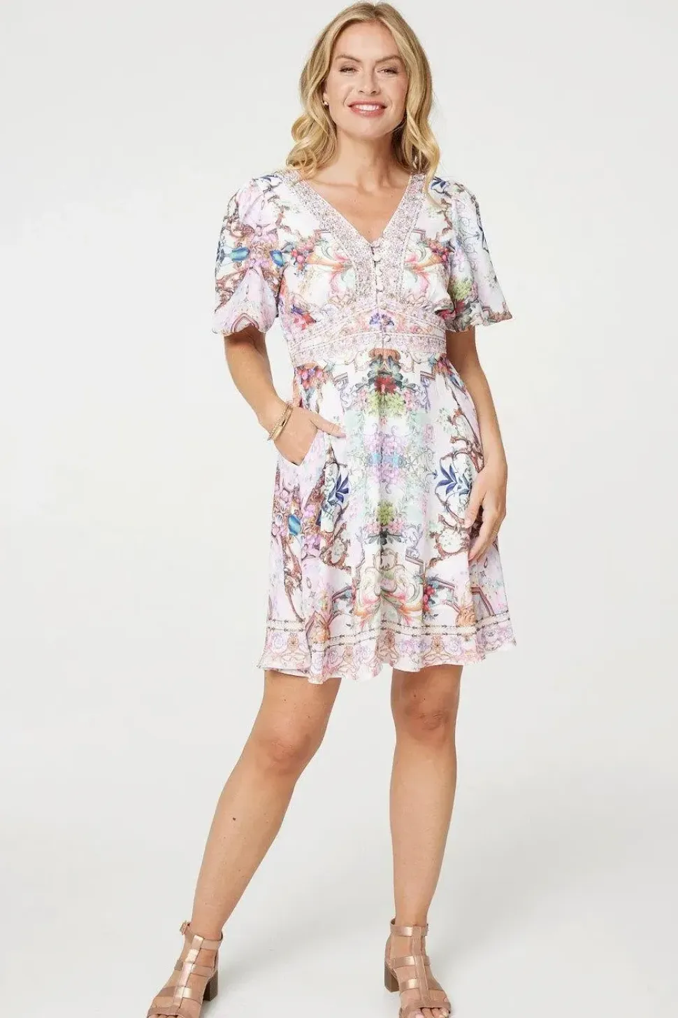 Border Print V-Neck Empire Mini Dress