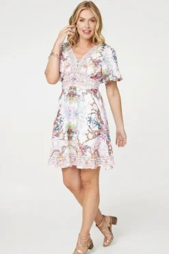 Border Print V-Neck Empire Mini Dress