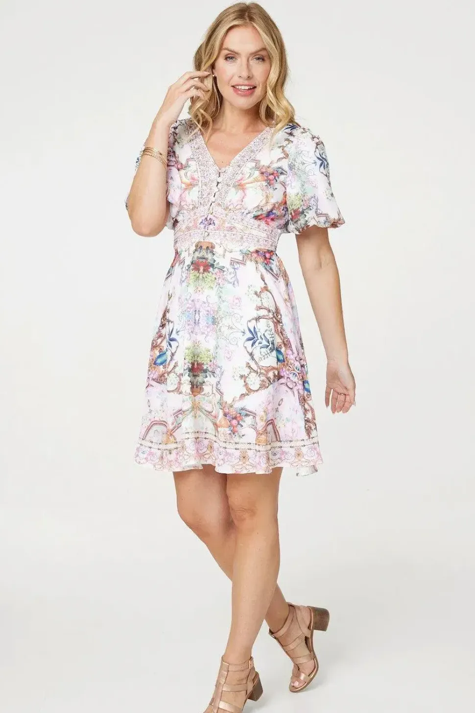 Border Print V-Neck Empire Mini Dress