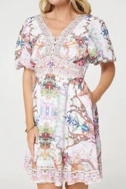 Border Print V-Neck Empire Mini Dress