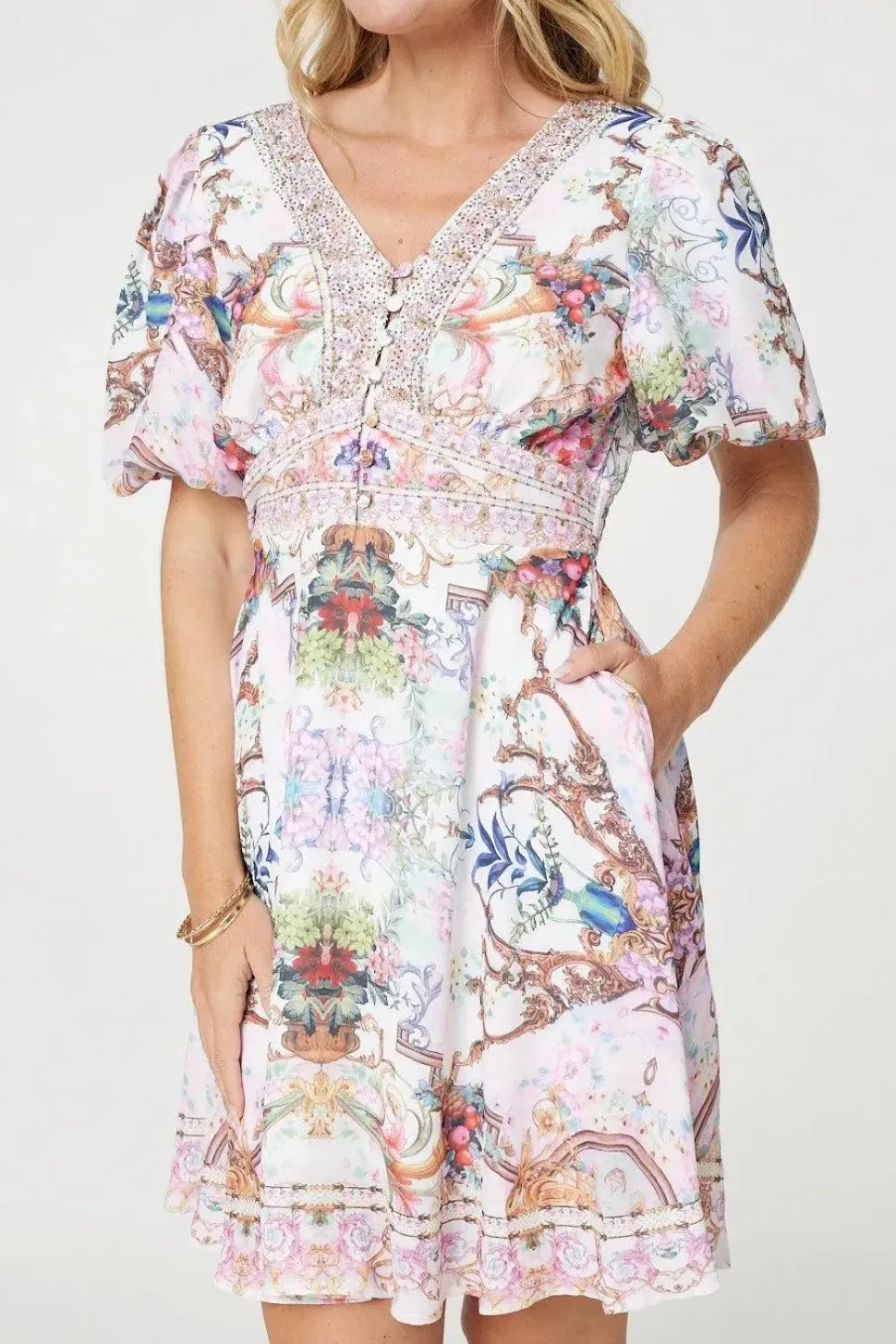 Border Print V-Neck Empire Mini Dress