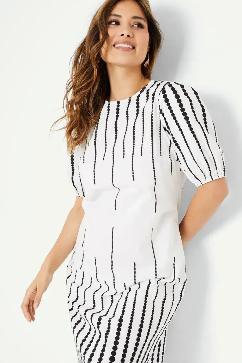 Border Spot Print Puff Sleeve Shift Dress