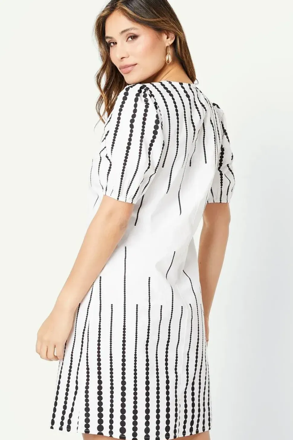 Border Spot Print Puff Sleeve Shift Dress