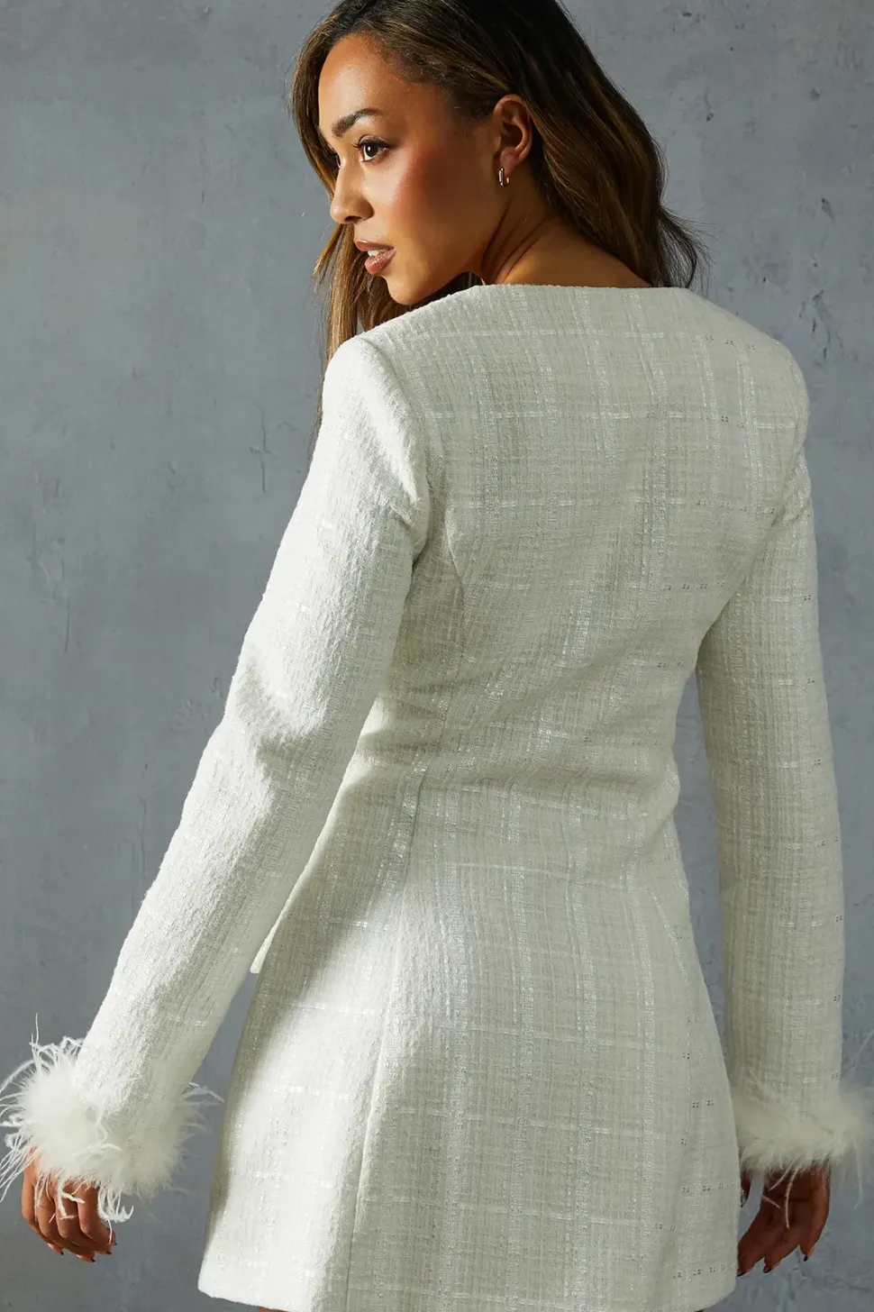 Boucle Feather Trim A-Line Mini Dress