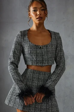 Boucle Feather Trim Cropped Jacket