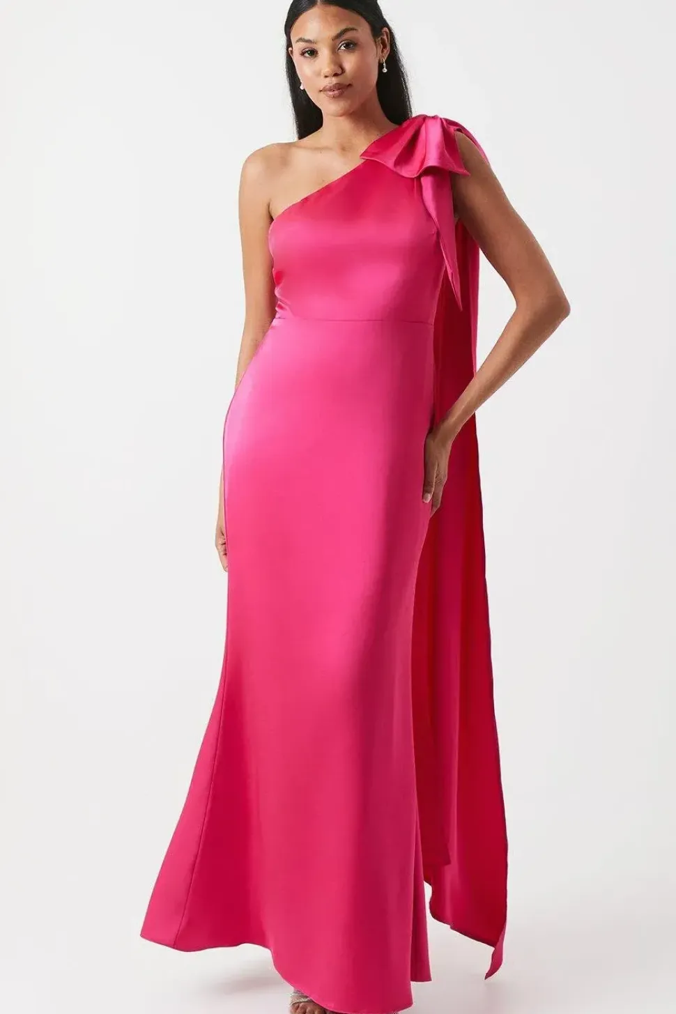 Bow And Drape Detail One Shoulder Satin Bridesmaid Dress