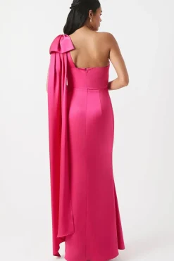 Bow And Drape Detail One Shoulder Satin Bridesmaid Dress