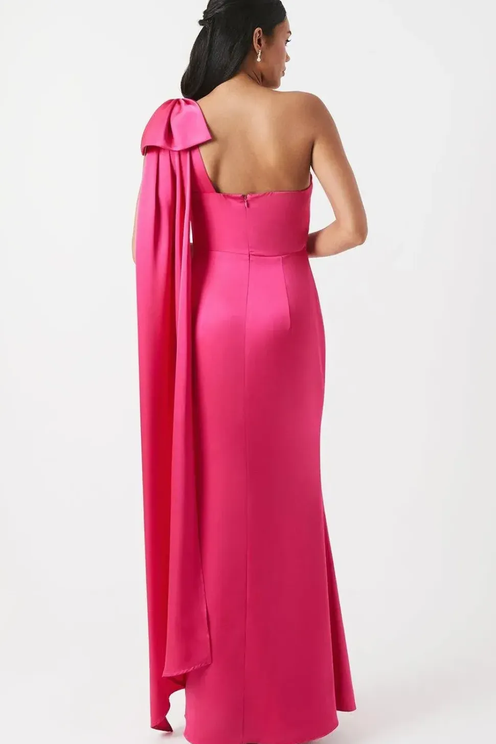 Bow And Drape Detail One Shoulder Satin Bridesmaid Dress