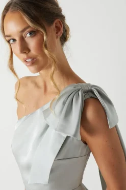 Bow And Drape Detail One Shoulder Satin Bridesmaid Dress