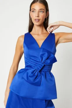 Bow And Pleat Structured Satin Peplum Top