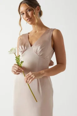 Bow Back V Neck Satin Bridesmaid Dress