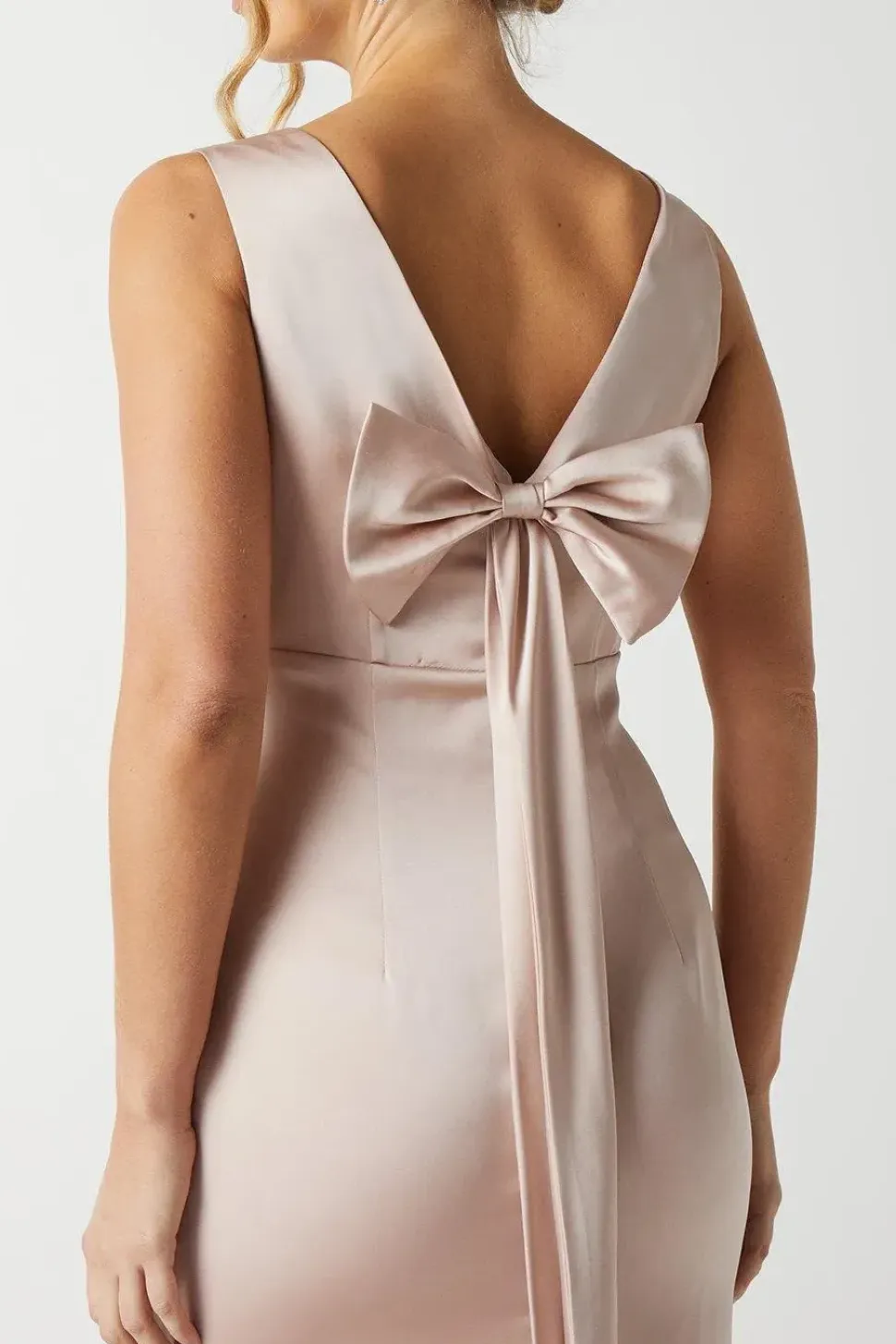 Bow Back V Neck Satin Bridesmaid Dress