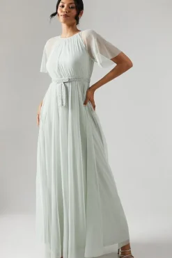 Bow Detail Angel Sleeve Mesh Bridesmaids Maxi Dress